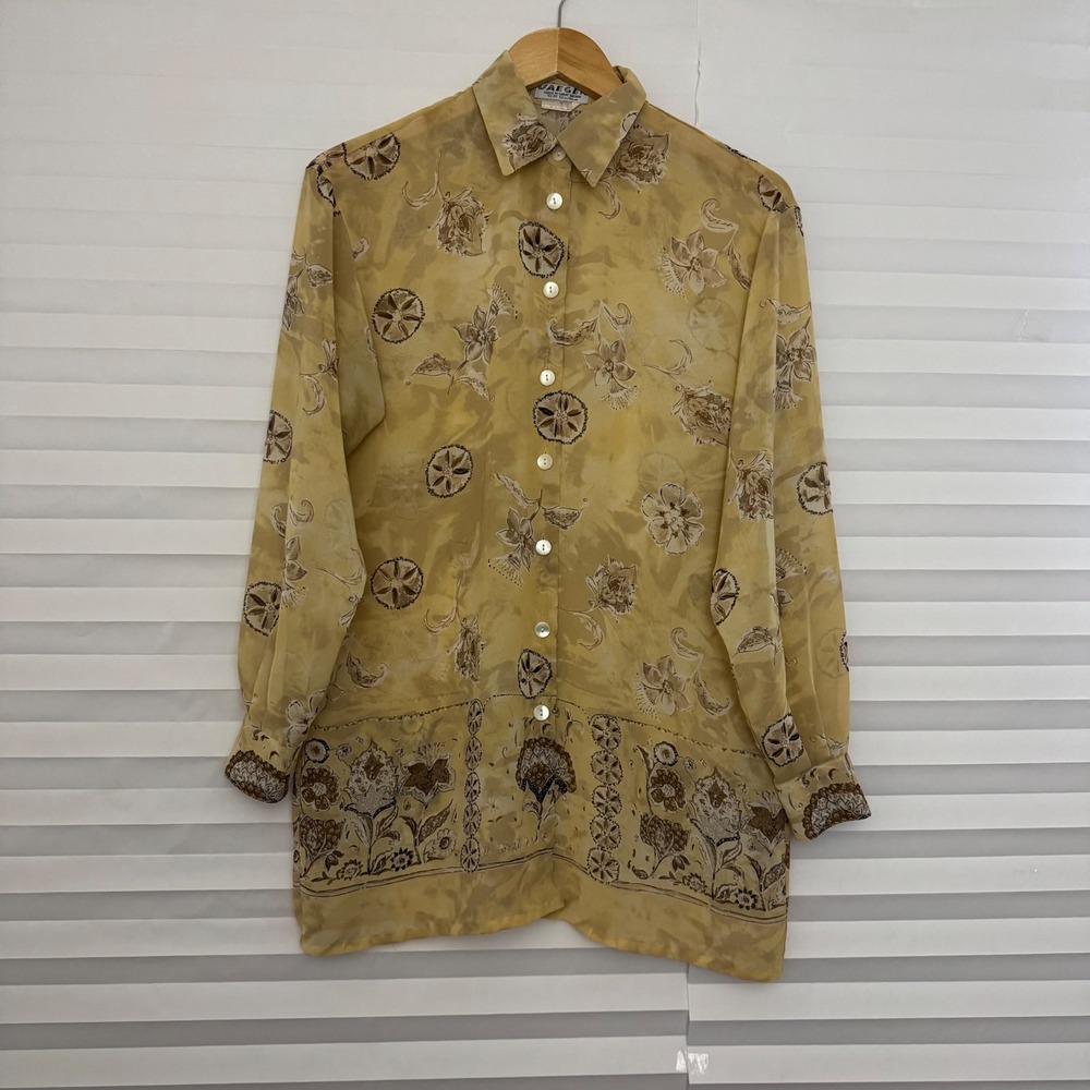 Vintage Jaeger Mustard Yellow Floral Sheer Button Down Blouse Made in GB 32in